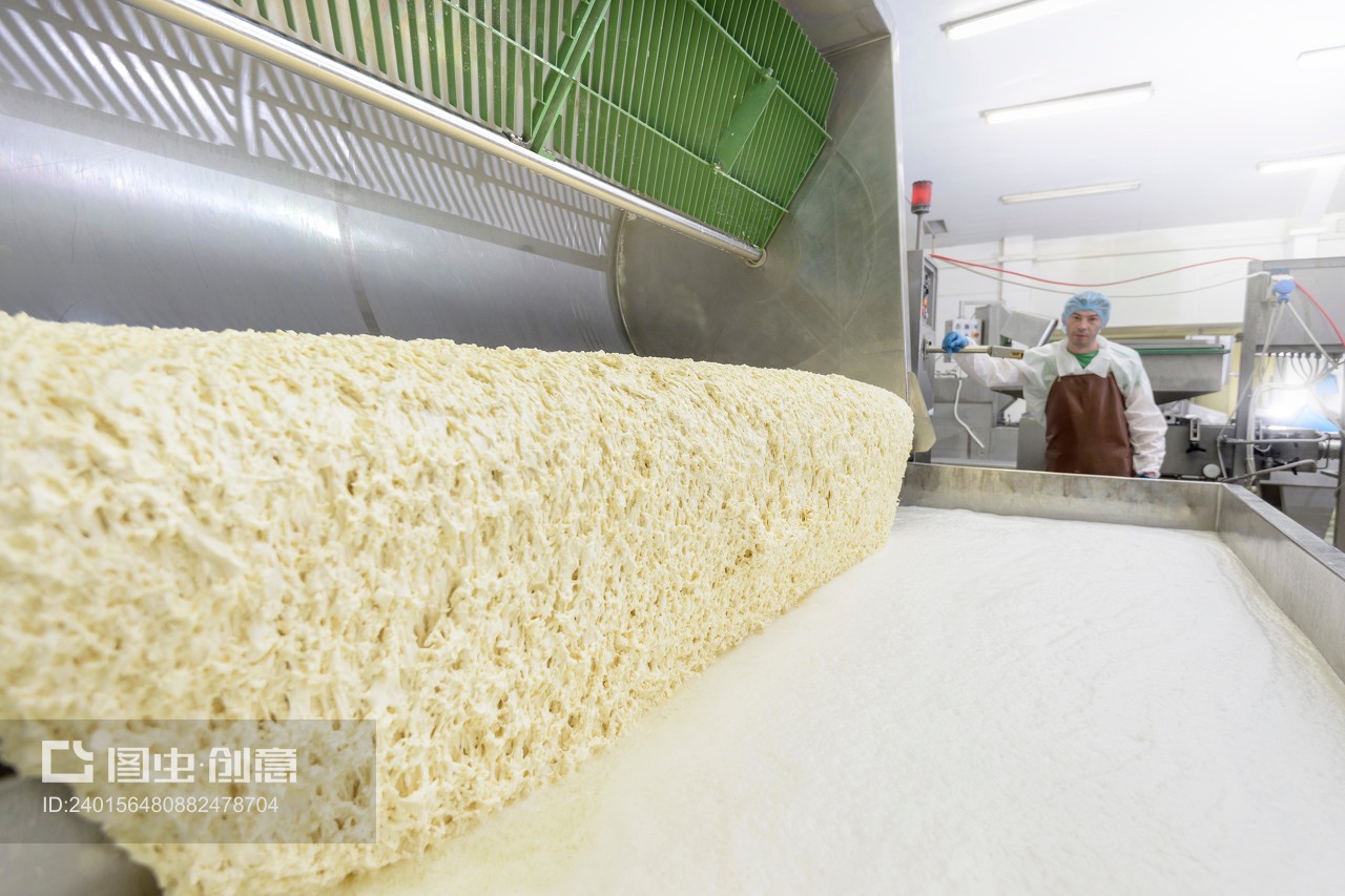 Mozzarella cheese in production in cheese factory